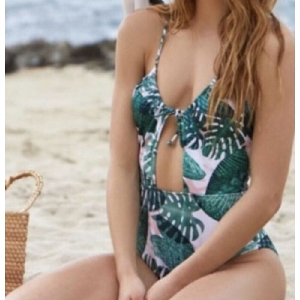 Pacsun Swimsuit L Green Tropical Palm Leaf Floral Resort Beach Feminine Boho 90s - Picture 3 of 15